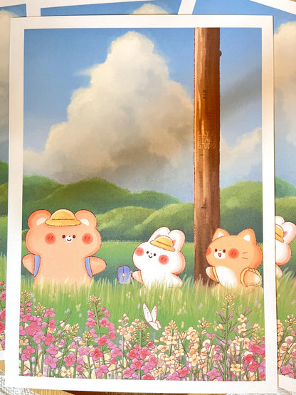 Countryside Bear, Bunny, Cat Small Art Print (5x7 in)