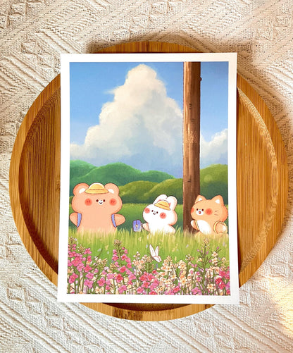 Countryside Bear, Bunny, Cat Small Art Print (5x7 in)