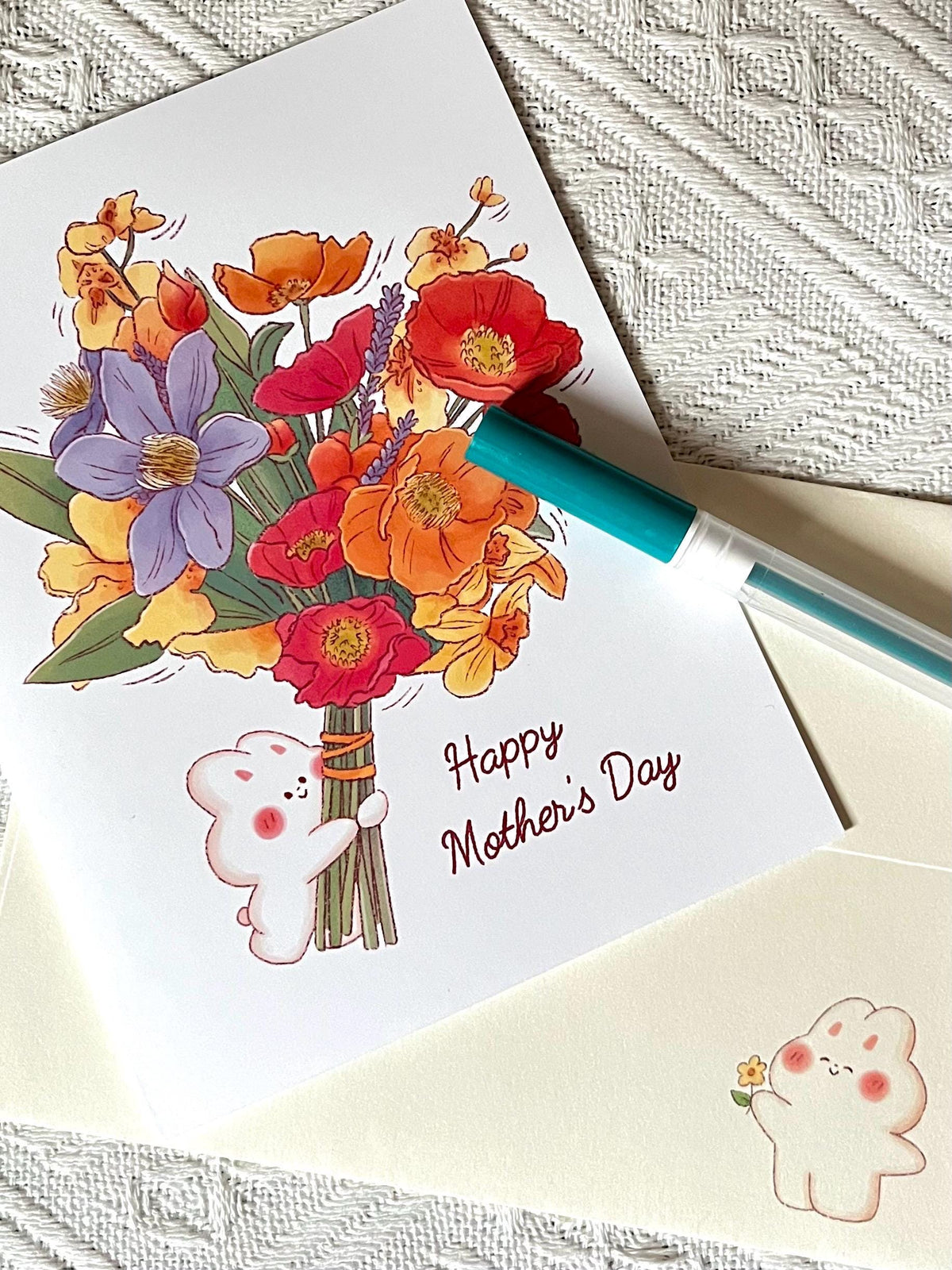 Happy Mother's Day Card • Bunny with Spring Bouquet (4.25x5.5 in)
