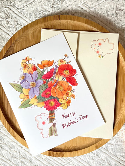 Happy Mother's Day Card • Bunny with Spring Bouquet (4.25x5.5 in)