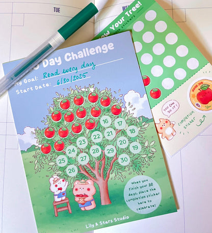 Apple Tree Habit Tracker • 30 Day Monthly Goal Challenge with Stickers (4x5.25 in)
