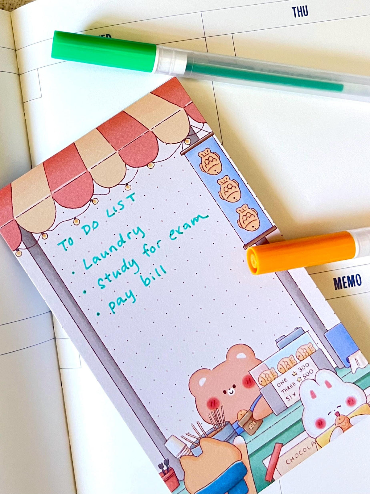 Bear Taiyaki Cart • Cat Konbini Memo Pad (3x5 in)