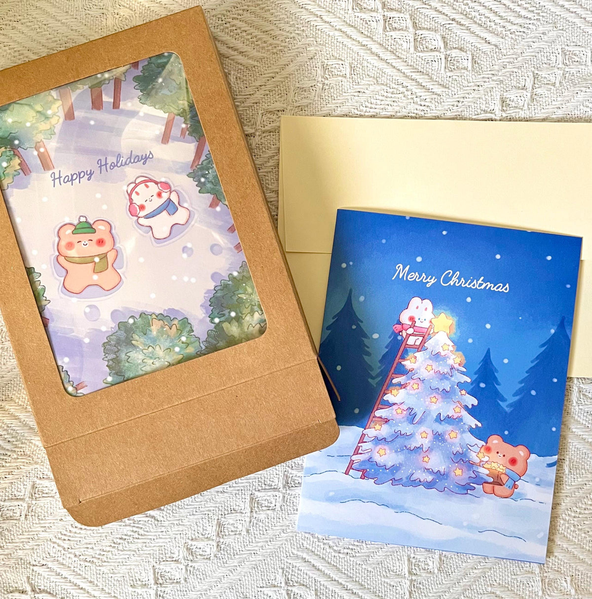 Bunny and Bear Christmas Card Set: Winter Holiday Illustration Cards (4.25x5.5 in)