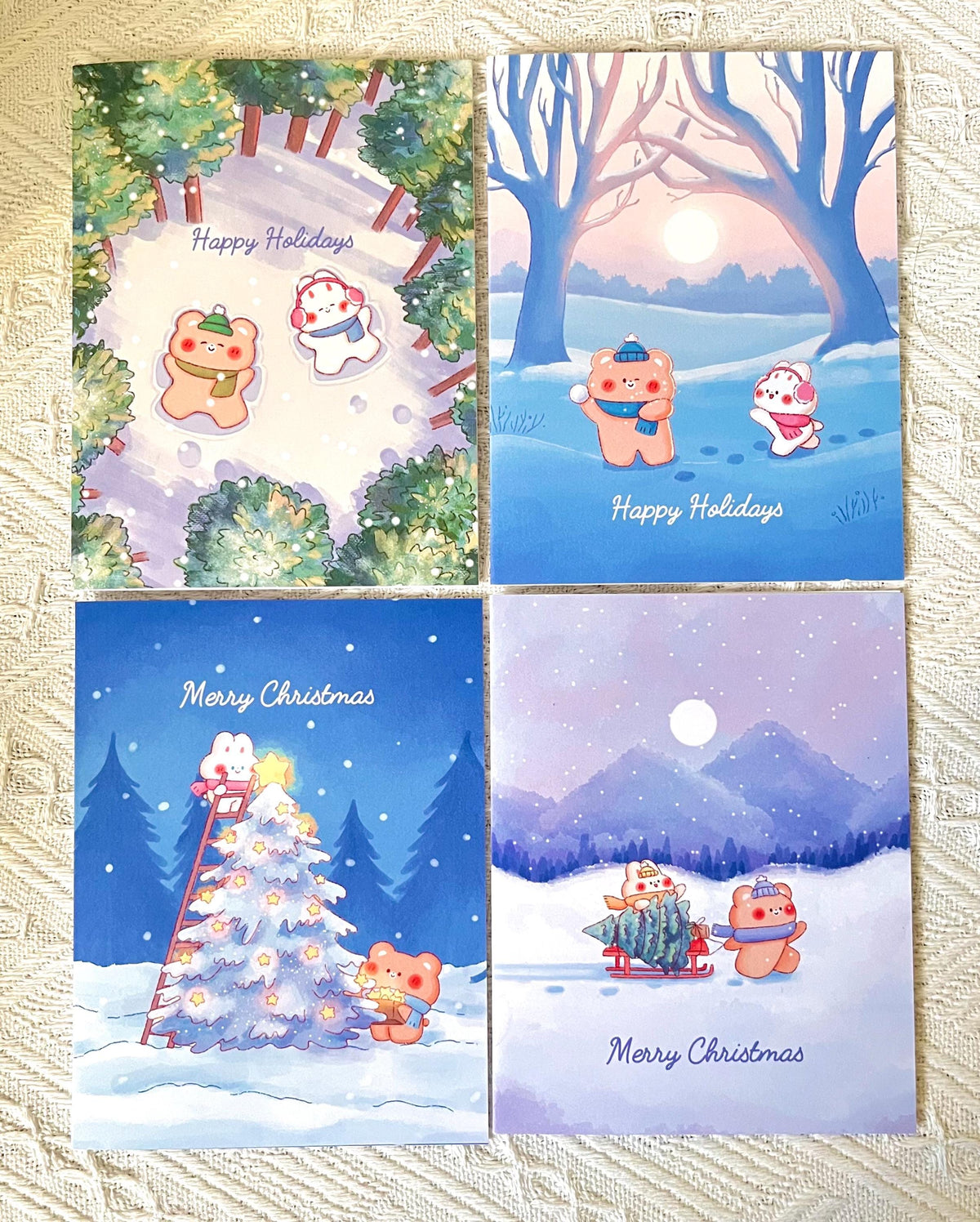 Bunny and Bear Christmas Card Set: Winter Holiday Illustration Cards (4.25x5.5 in)