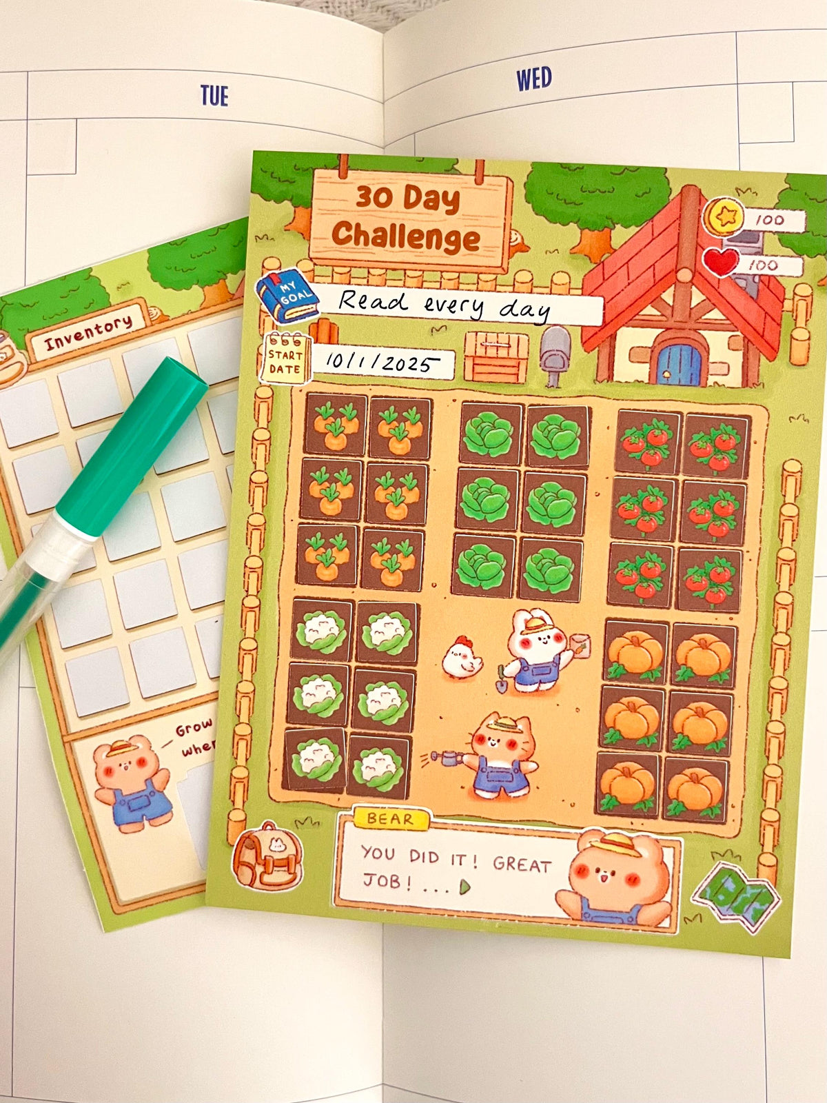 Farm RPG Habit Tracker • 30 Day Monthly Goal Challenge with Stickers (4x5.25 in)