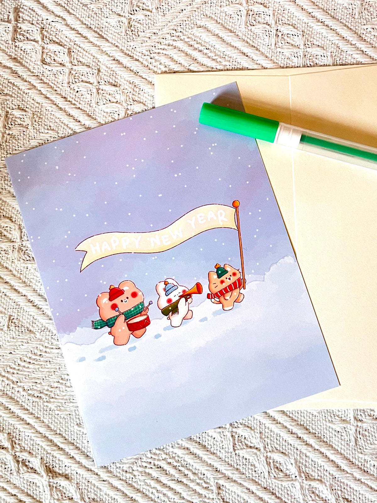 Happy New Year Card • Kawaii Bunny Bear Cat Winter Illustration (4.25x5.5 in)