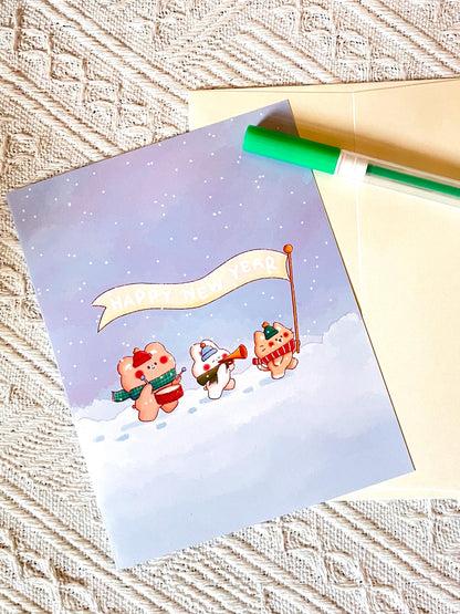 Happy New Year Card • Kawaii Bunny Bear Cat Winter Illustration (4.25x5.5 in)