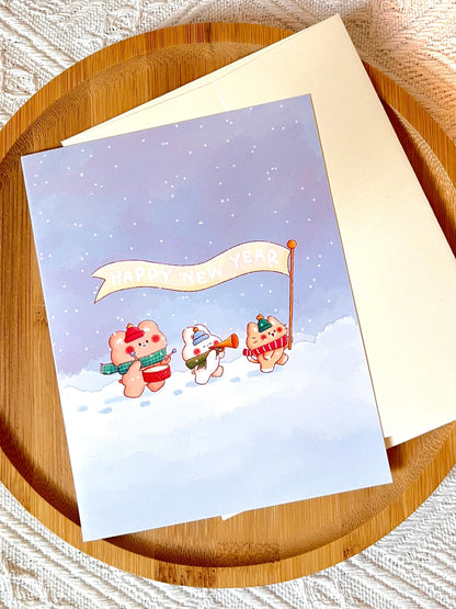 Happy New Year Card • Kawaii Bunny Bear Cat Winter Illustration (4.25x5.5 in)