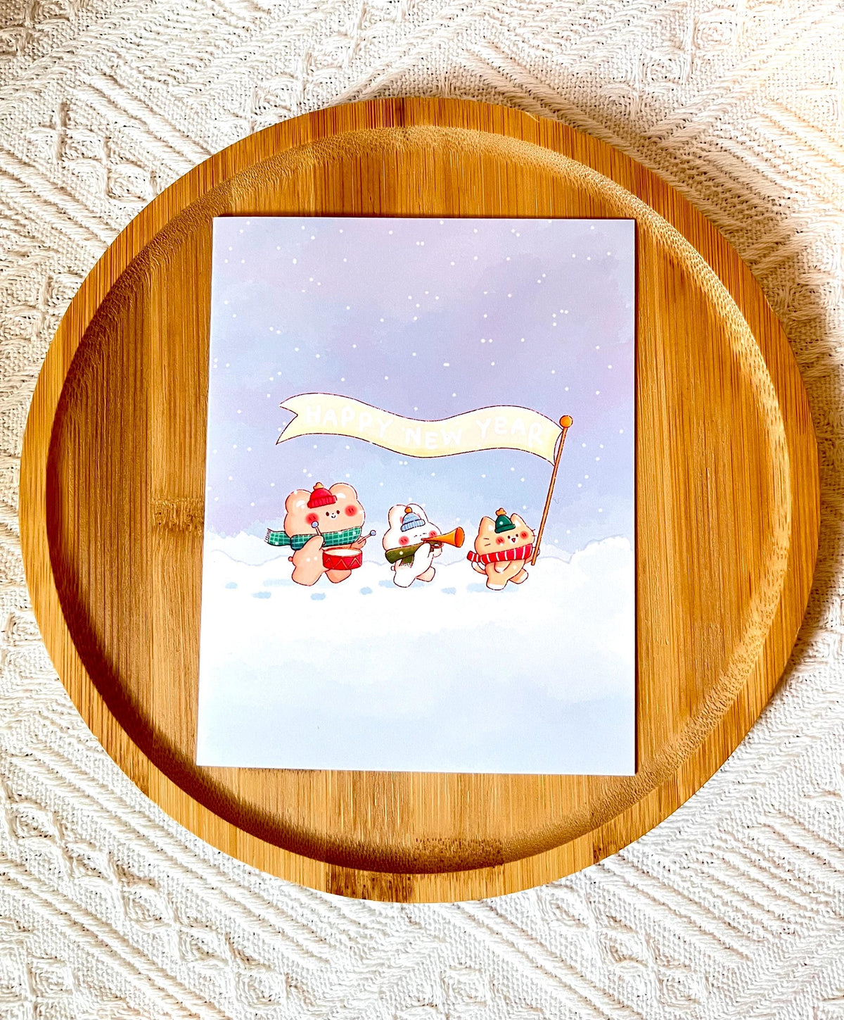 Happy New Year Card • Kawaii Bunny Bear Cat Winter Illustration (4.25x5.5 in)