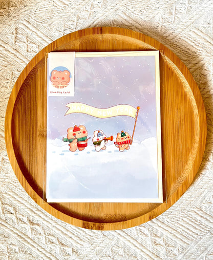 Happy New Year Card • Kawaii Bunny Bear Cat Winter Illustration (4.25x5.5 in)