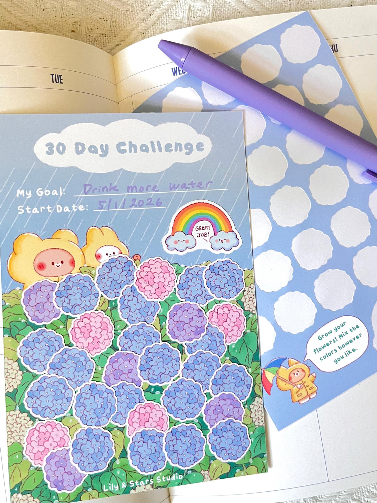 Rainy Hydrangeas Habit Tracker • 30 Day Monthly Goal Challenge with Stickers (4x6 in)