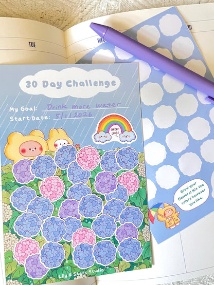 Rainy Hydrangeas Habit Tracker • 30 Day Monthly Goal Challenge with Stickers (4x6 in)