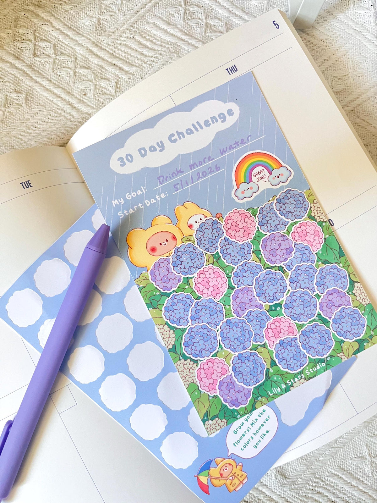 Rainy Hydrangeas Habit Tracker • 30 Day Monthly Goal Challenge with Stickers (4x6 in)