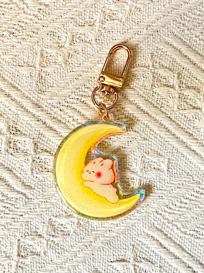 Celestial Buddies Glitter Keychain • Rainbow Holographic Acrylic Charm • Sun Moon Star Planet