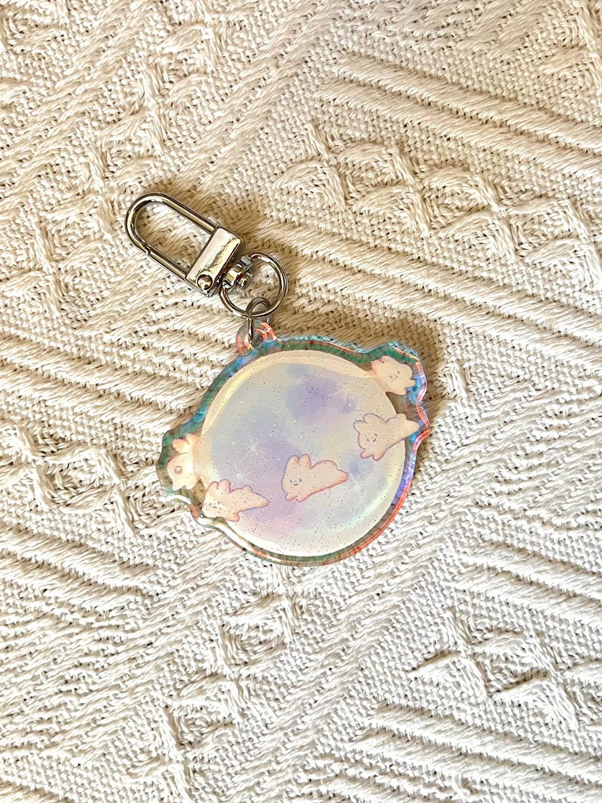 Dance of the Moonlight Bunnies Glitter Keychain • Rainbow Holographic Acrylic Charm
