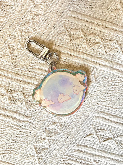 Dance of the Moonlight Bunnies Glitter Keychain • Rainbow Holographic Acrylic Charm