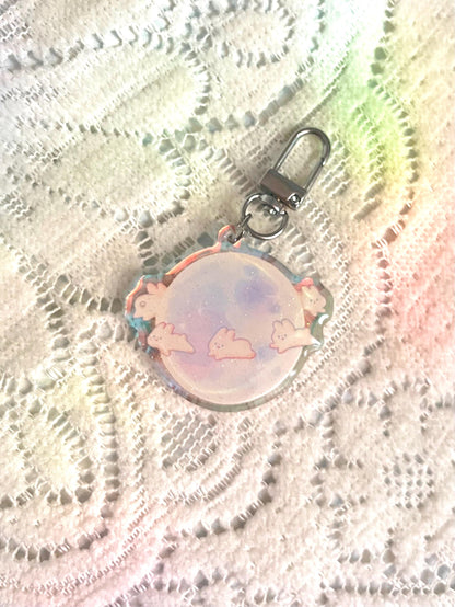 Dance of the Moonlight Bunnies Glitter Keychain • Rainbow Holographic Acrylic Charm