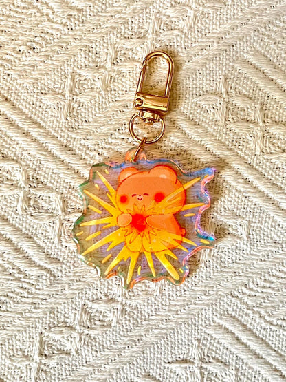 Celestial Buddies Glitter Keychain • Rainbow Holographic Acrylic Charm • Sun Moon Star Planet