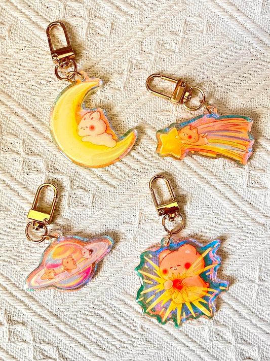 Celestial Buddies Glitter Keychain • Rainbow Holographic Acrylic Charm • Sun Moon Star Planet