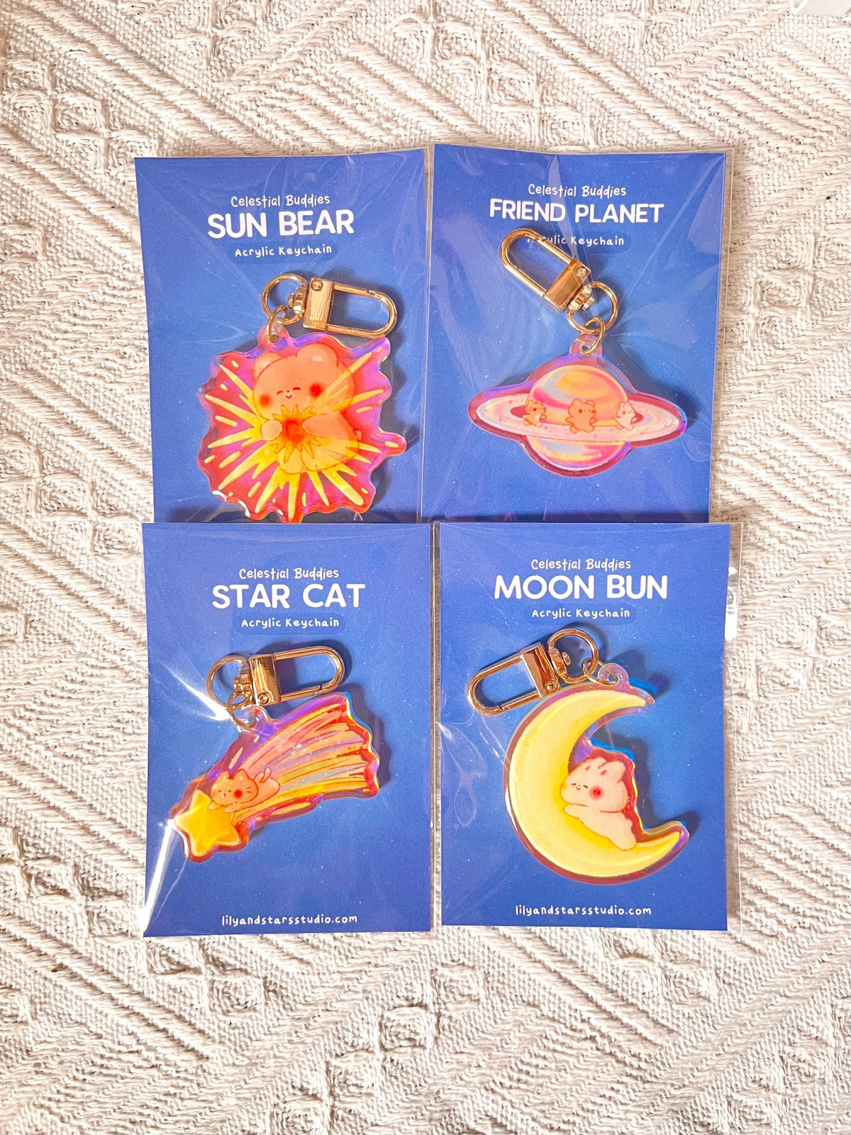 Celestial Buddies Glitter Keychain • Rainbow Holographic Acrylic Charm • Sun Moon Star Planet