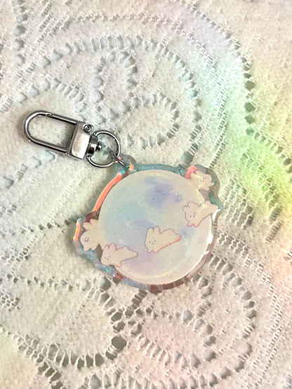 Dance of the Moonlight Bunnies Glitter Keychain • Rainbow Holographic Acrylic Charm