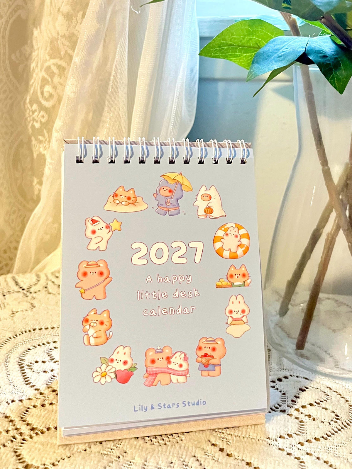 2027 Small Desk Calendar • Happy Bear Bunny Cat Illustrations • Handmade (4.25 x 5.75 in)