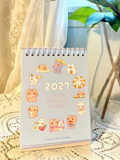 2027 Small Desk Calendar • Happy Bear Bunny Cat Illustrations • Handmade (4.25 x 5.75 in)