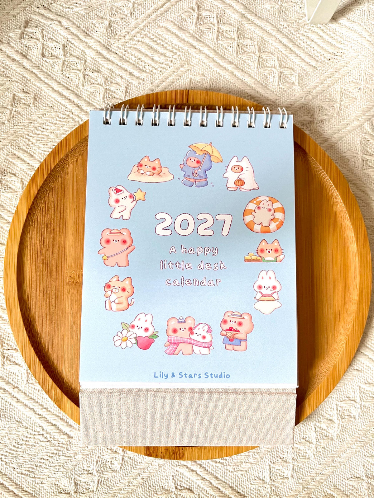 2027 Small Desk Calendar • Happy Bear Bunny Cat Illustrations • Handmade (4.25 x 5.75 in)