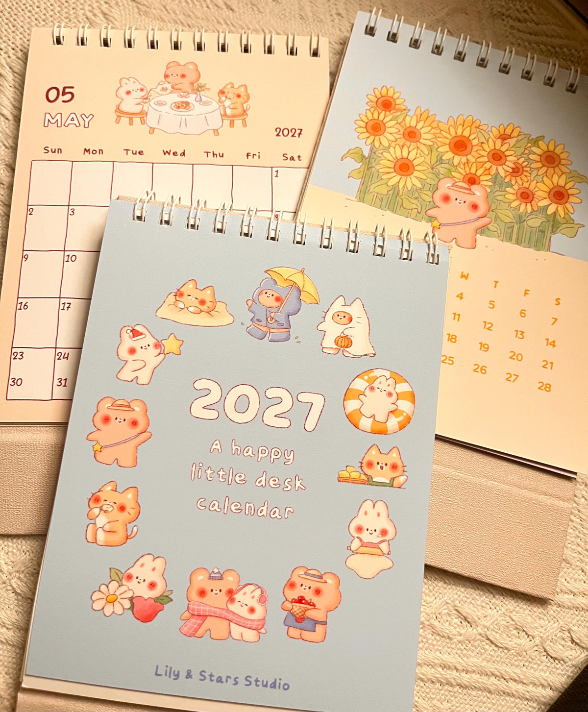 2027 Small Desk Calendar • Happy Bear Bunny Cat Illustrations • Handmade (4.25 x 5.75 in)