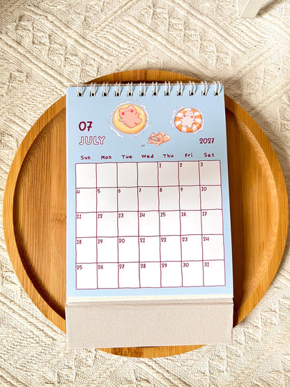 2027 Small Desk Calendar • Happy Bear Bunny Cat Illustrations • Handmade (4.25 x 5.75 in)