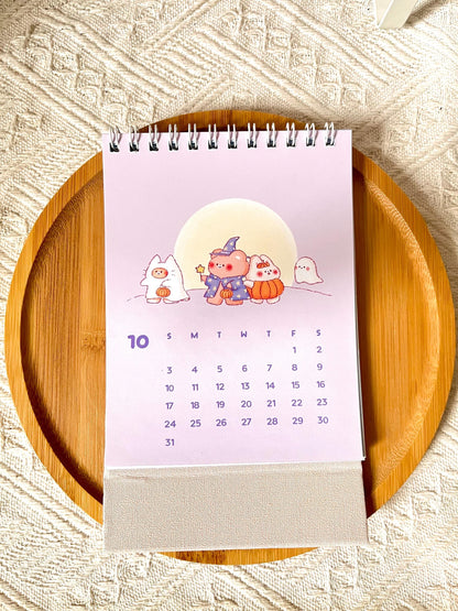 2027 Small Desk Calendar • Happy Bear Bunny Cat Illustrations • Handmade (4.25 x 5.75 in)
