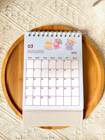 2027 Small Desk Calendar • Happy Bear Bunny Cat Illustrations • Handmade (4.25 x 5.75 in)