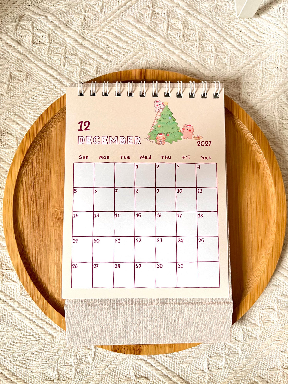 2027 Small Desk Calendar • Happy Bear Bunny Cat Illustrations • Handmade (4.25 x 5.75 in)
