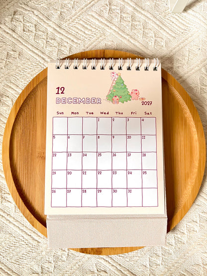 2027 Small Desk Calendar • Happy Bear Bunny Cat Illustrations • Handmade (4.25 x 5.75 in)