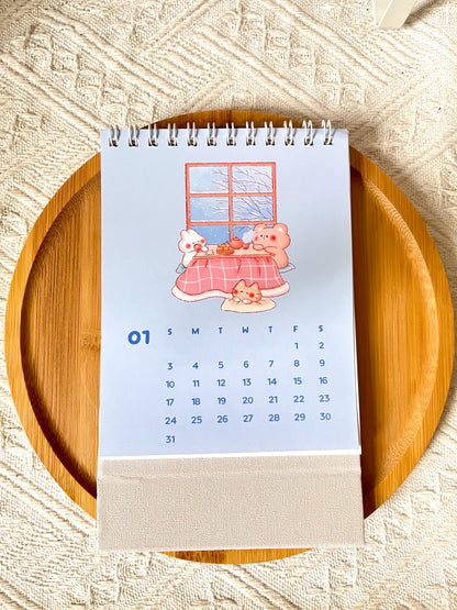 2027 Small Desk Calendar • Happy Bear Bunny Cat Illustrations • Handmade (4.25 x 5.75 in)