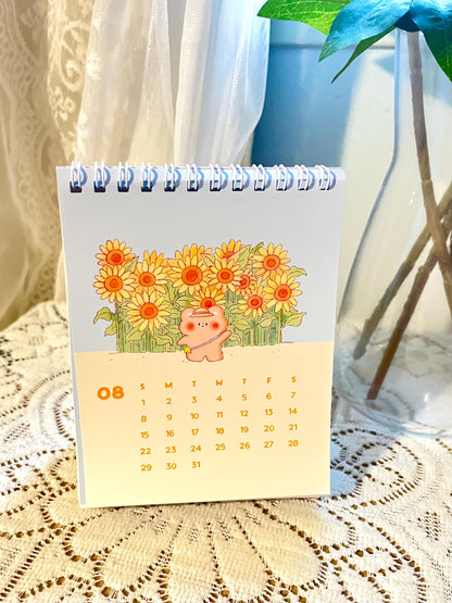 2027 Small Desk Calendar • Happy Bear Bunny Cat Illustrations • Handmade (4.25 x 5.75 in)
