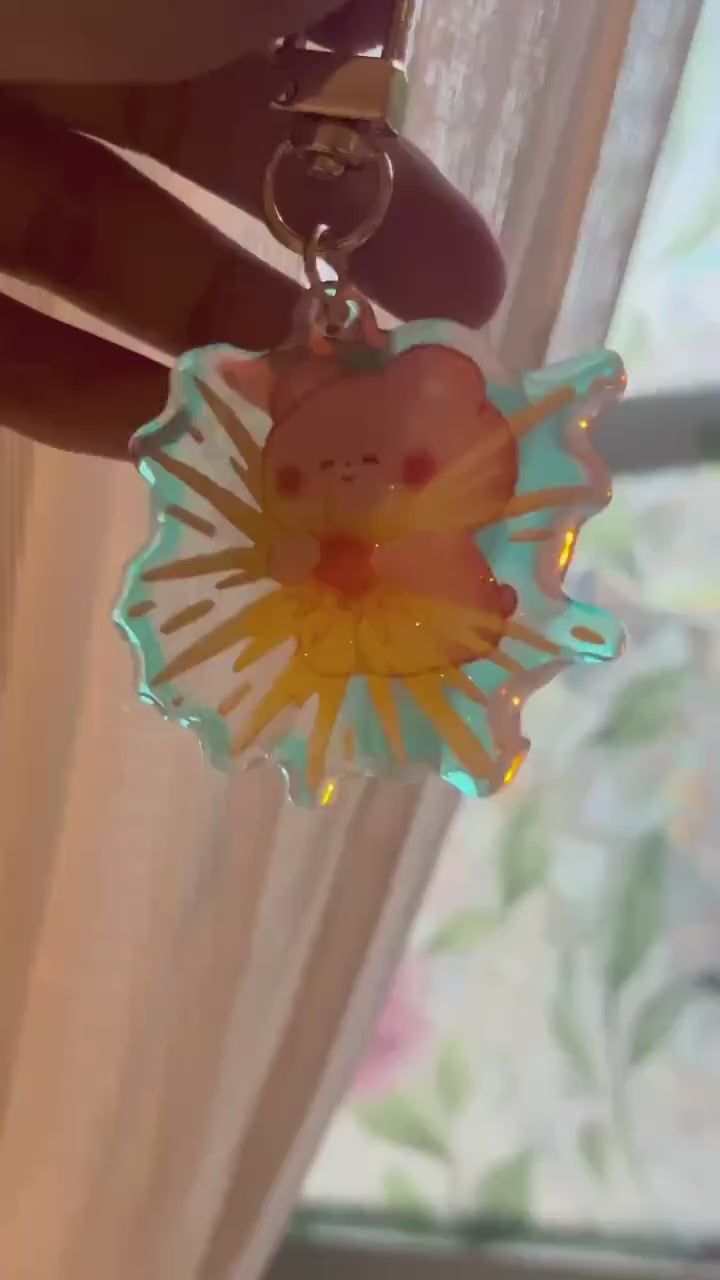 Celestial Buddies Glitter Keychain • Rainbow Holographic Acrylic Charm • Sun Moon Star Planet