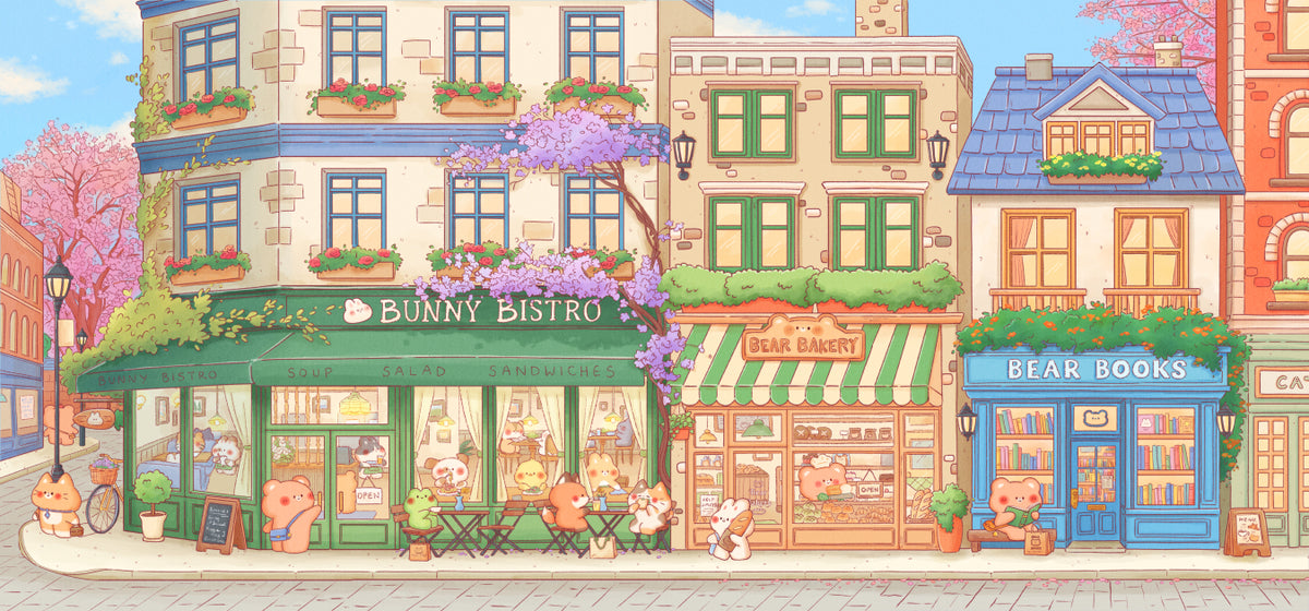 A whimsical illustrated street scene with colorful storefronts, including a green 'Bunny Bistro' and a blue 'Bear Books' shop, with teddy bears and flowers along the sidewalk.